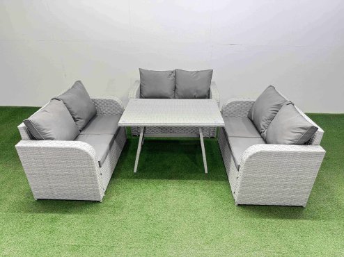 Fimous Rattan Garden Furniture Dining Set 6-seater Patio Rectangular Table Love Sofa Set