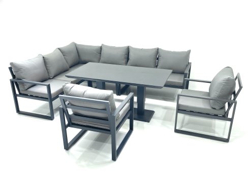 Fimous Aluminum Outdoor Garden Furniture Set Corner Sofa 2 Chairs Adjustable Rising Lifting Dining Table Sets Dark Grey