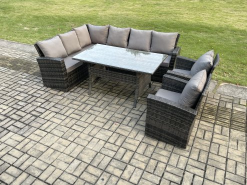 Fimous 8 Seater Garden Rattan Furniture Corner Dining Set with Armchair Indoor Outdoor Lounge Sofa Set Dark Grey Mixed