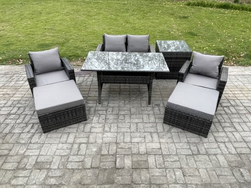 Fimous Outdoor Lounge Sofa Garden Furniture Set Rattan Rectangular Dining Table with Double Seat Sofa Armchair 2 Big Footstool Side Table 6 Seater Dark Grey Mixed