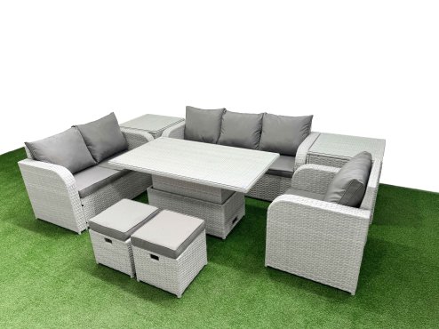 Fimous Patio PE Wicker 8 Seater Outdoor Rattan Furniture Sofa Sets with Adjustable Lifting Dining or Coffee Table Reclining Chair Loveseat Sofa 3 Seater Sofa Stool 2 Side Table Light Grey