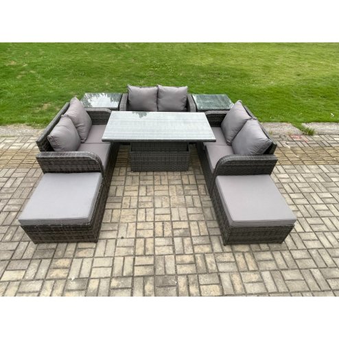 Fimous Rattan Garden Outdoor Furniture 3 PC Love Sofa Set Patio Adjustable Rising lifting Dining Table With 2 Side Tables 2 Big Footstool