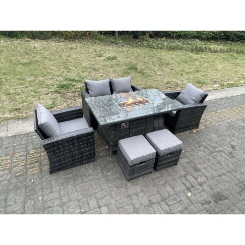 Fimous Rattan Outdoor Furniture Gas Fire Pit Rectangle Dining Table Gas Heater Chairs Two Seater Love Sofa Sets Footstools 6 Seater