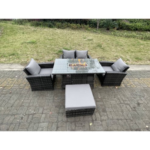 Fimous Rattan Outdoor Furniture Gas Fire Pit Rectangle Dining Table Gas Heater Chairs Two Seater Love Sofa Sets Big Footstools 5 Seater