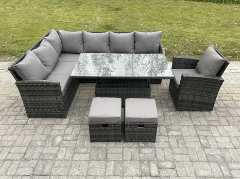 Fimous Wicker PE Outdoor Rattan Garden Furniture Set Height Adjustable Rising Lifting Table Sofa Dining Set with 2 Small Footstools Armchair Dark Grey Mixed