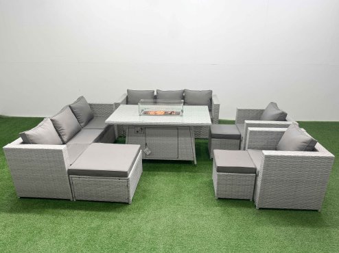 Fimous 11 Seat PE Rattan Lounge Sofa Set Outdoor Garden Furniture Set with Firepit Dining Table 3 Seater Sofa 3 Footstools Light Grey