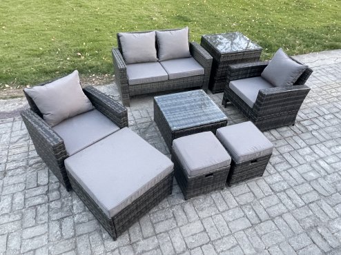 Fimous Rattan Wicker Garden Furniture Patio Conservatory Sofa Set with Square Coffee Table Armchair 2 Seater Sofa 3 Footstools Side Table