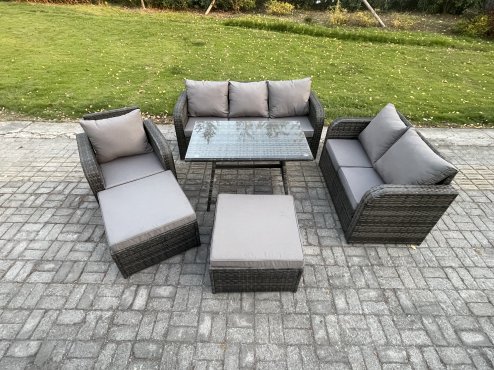 Fimous Rattan Garden Furniture Dining Set 8 seater Patio Rectangular Table 2 Big Footstool Love Sofa Reclining Chair Dark Grey Mixed