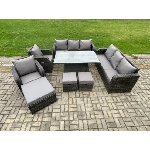 Fimous Wicker PE Rattan Outdoor Garden Furniture Sets Height Adjustable Rising lifting DiningTable Sofa Set with Reclining Chair 3 Footstools Dark Grey Mixed