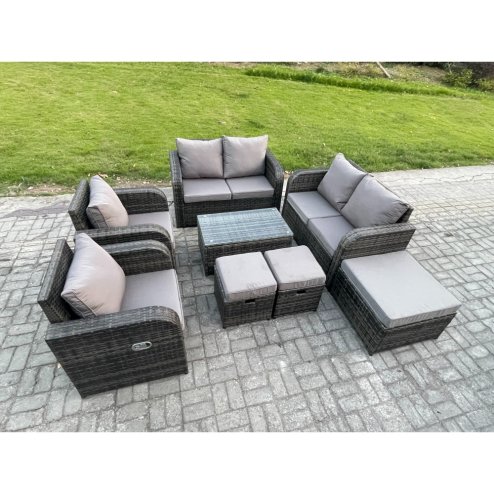 Fimous 9 Seater Rattan Garden Furniture Set Patio Outdoor Lounge Sofa Set with Rectangular Coffee Table 3 Footstools Love Sofa Dark Grey Mixed