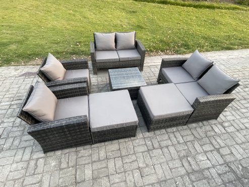 Fimous Rattan Outdoor Garden Furniture Sofa Set Table & Chairs with 2 Big Footstool Dark Grey Mixed
