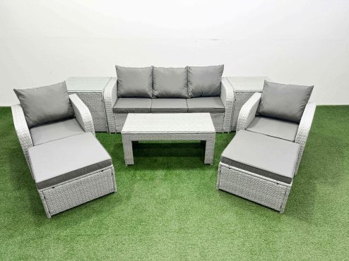 Fimous PE Rattan Garden Furniture Set Reclining Chair Sofa Lounge Sofa Set Rectangular Coffee Table 2 Side Table 2 Big Footstool Light Grey