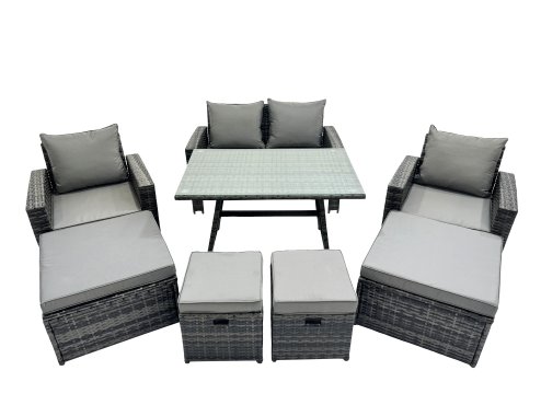 Fimous 8 Seater Wicker PE Rattan Furniture Outdoor Dining Table Double Seat Sofa 4 Stools Set Dark Grey Mixed