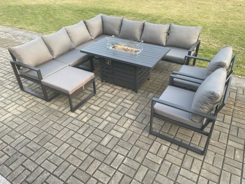 Fimous Aluminium 10 Seater Garden Furniture Outdoor Set Patio Lounge Sofa Gas Fire Pit Dining Table Set with 2 Chairs Big Footstool Dark Grey