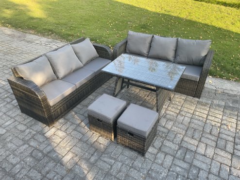 Fimous 8 Seater Garden Furniture Sofa Set Rectangular Dining Table 2 Small Footstool Indoor Outdoor Rattan Set Dark Grey Mixed