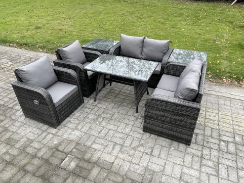 Fimous Wicker PE Rattan Garden Dining Set Outdoor Furniture Sofa with Rectangular Dining Table 2 Side Tables Dark Grey Mixed