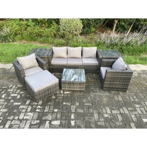 Fimous Wicker 7 Pieces Rattan Garden Furniture Sofa Set with Armchair 2 Side Tables Square Coffee Table Big Footstool Dark Grey Mixed
