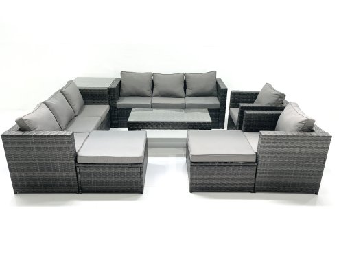 Fimous Rattan Garden Furniture Sofa Set with Coffee table Armchair Side Table 2 Big Footstools Dark Grey Mixed