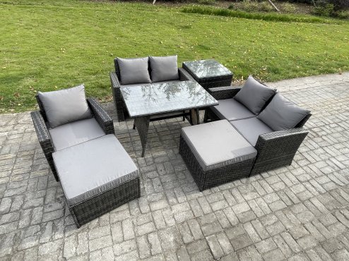 Fimous Garden Dining Set Wicker PE Rattan Outdoor Furniture Sofa with Rectangular Dining Table Double Seat Sofa Side Table 2 Big Footstool Dark Grey Mixed