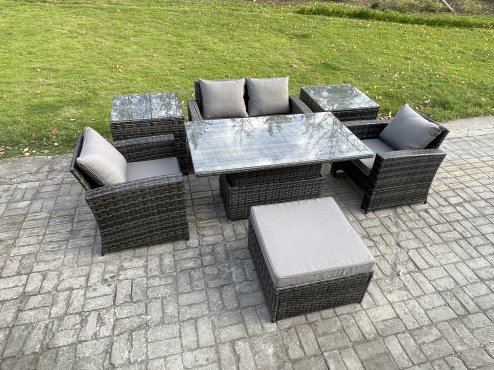 Fimous Outdoor Garden Dining Sets 5 Seater Rattan Patio Furniture Sofa Set with Rising Lifting Table 2 Side Tables Big Footstool Dark Grey Mixed