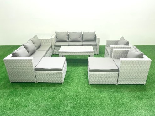 Fimous Outdoor Garden Furniture Rattan Sofa Set with 2 Armchairs Oblong Coffee Table 2 Big Footstools Side Table Light Grey Mixed