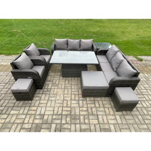 Fimous Wicker PE Rattan Outdoor Garden Furniture Sets Height Adjustable Rising lifting DiningTable Sofa Set with Reclining Chair Side Table 3 Footstools Dark Grey Mixed