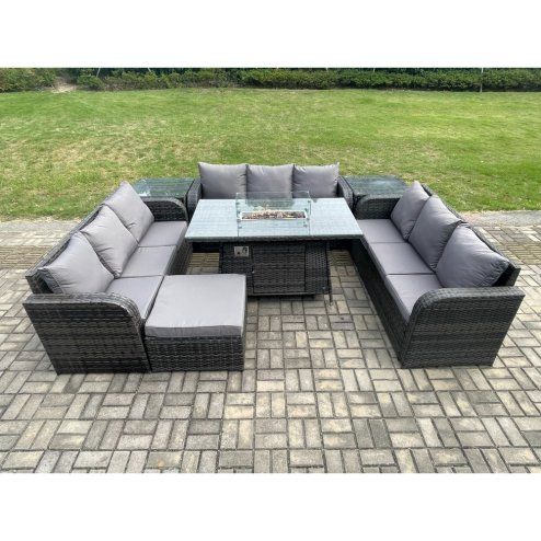 Fimous Rattan Furniture Garden Dining Set Gas Fire Pit Table With 2 Side Tables Lounge Sofa Big Footstool Dark Grey Mixed
