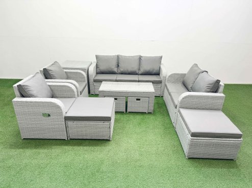 Fimous PE Wicker Rattan Furniture Sets with Oblong Coffee Table Love Sofa Reclining Chair 3 Seater Sofa 4 Stools Side Table Light Grey Mixed