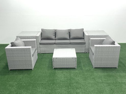 Fimous 5 Seater Rattan Garden Furniture Set with 3 Seater Sofa 2 Chair Square Coffee Table 2 Side Tables Light Grey Mixed