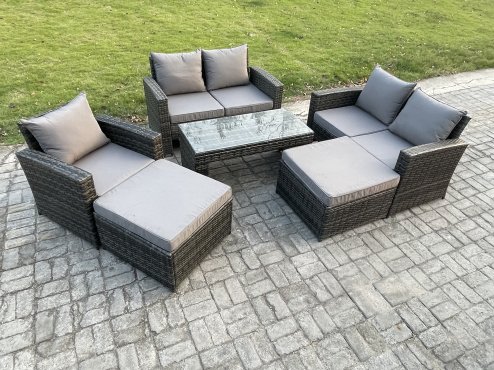 Fimous 7 Seater High Back Rattan Garden Furniture Sofa Sets with Rectangular Coffee Table 2 Big Footstool Loveseat Sofa Armchair Dark Grey Mixed