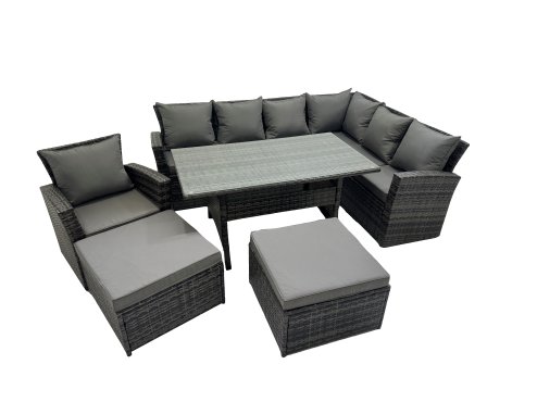 Fimous Rattan Garden Furniture Set Outdoor 9 Seater Patio Dining Corner Sofa Sets with Dining Table Chair Dark Grey Mixed