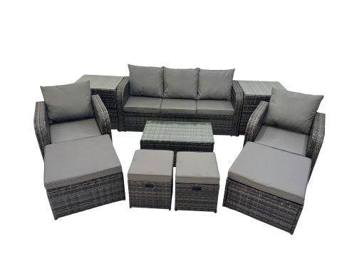 Fimous Outdoor Reclining Chair 3 Seater Sofa Coffee Table Set Garden Rattan Furniture Set 9 Seater with 4 Stools 2 Side Tables Dark Grey
