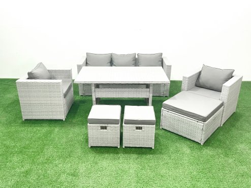 Fimous Garden Dining Set Outdoor Rattan Furniture Set with Sofa Dining Table 2 Chairs 3 Footstools Light Grey Mixed