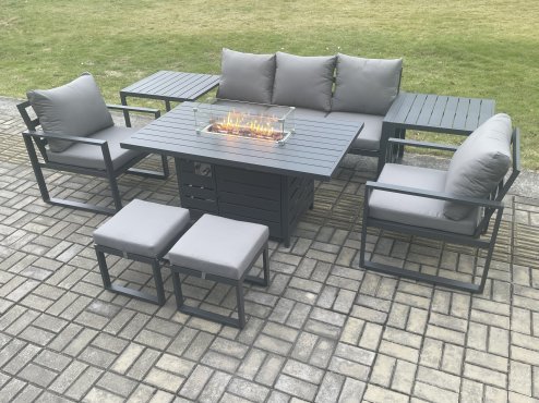 Fimous Aluminium Patio Outdoor Garden Furniture Lounge Sofa Set Gas Fire Pit Dining Table with 2 Side Tables 2 Small Footstools Dark Grey