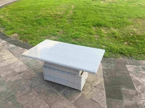 Fimous Light Grey Rattan Outdoor Garden furniture Set Height Adjustable Rising Lifting Table and 4 Chairs Set with Seat Cushion