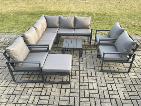 Fimous 9 Seater Outdoor Aluminium Garden Furniture Set Corner Lounge Sofa Set with Square Coffee Table Chair Big Footstool Dark Grey