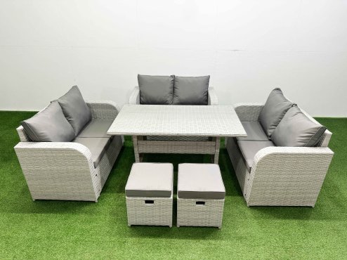 Fimous 8 Seater PE Wicker Rattan Furniture Sofa Sets with Rectangular Dining Table 2 Seater Love Sofa 2 Stool Light Grey