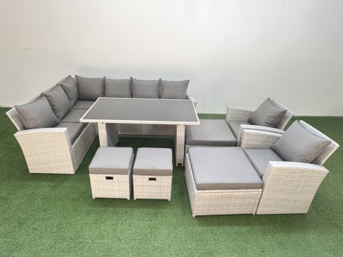 Fimous 12 Seater Wicker Rattan Corner Sofa Sets Outdoor Garden Furniture Sets with Rectangular Dining Table Lounge Sofa 4 Footstools Light Grey
