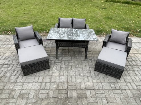 Fimous 6 Seater High Back Outdoor Garden Furniture Rattan Sofa Dining Table Set with Armchair 2 Big Footstool Dark Grey Mixed
