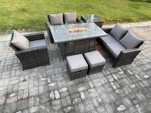 Fimous Rattan Outdoor Garden Furniture Gas Fire Pit Table Sets Gas Heater with Love Sofa Armchair Side Table 2 Small Footstools 7 Seater Dark Mixed Grey