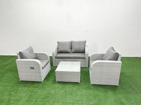 Fimous Light Grey PE Wicker Rattan Garden Furniture Set Sofa Set Reclining Adjustable Chair Square Coffee Table 4 Seater