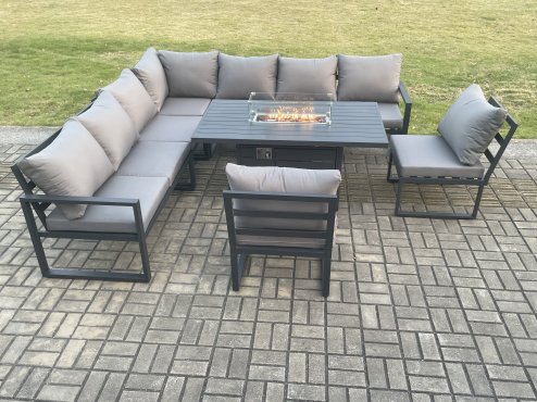 Fimous Aluminium 9 Seater Lounge Corner Sofa Outdoor Garden Furniture Sets Gas Fire Pit Dining Table Set Dark Grey