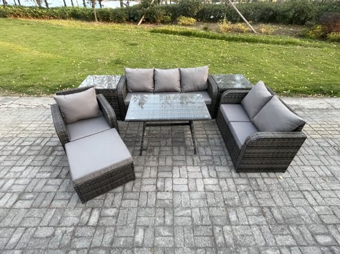 Fimous 7 Seater Outdoor Rattan Garden Furniture Set Patio Lounge Sofa Set with Dining Table 2 Side Tables Big Footstool Dark Grey Mixed