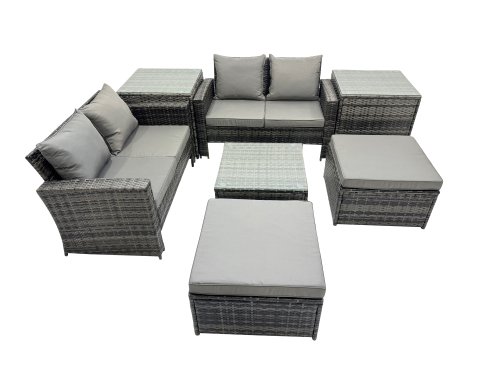 Fimous PE Rattan Garden Furniture Set Lounge Double Seat Sofa Coffee Table Set with 2 Side Tables 2 Big Stools Dark Grey Mixed
