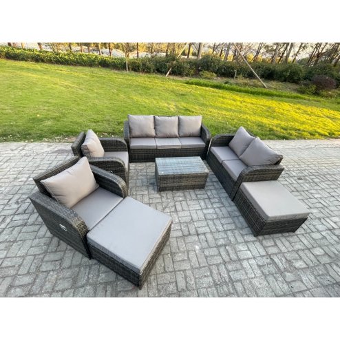 Fimous Wicker PE Rattan Garden Furniture Set 9 Seater Outdoor Lounge Sofa Set with Love Sofa Coffee Table 2 Big Footstool Dark Grey Mixed