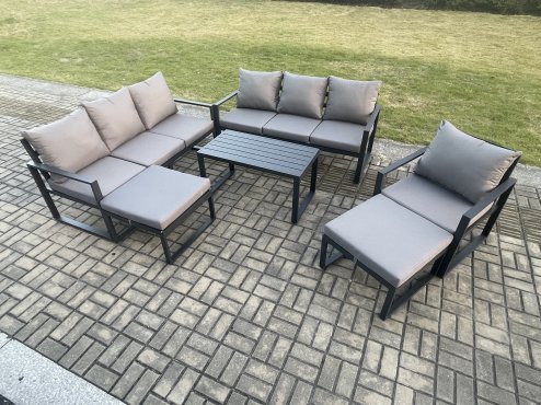 Fimous Aluminium 6 Pieces Garden Furniture Set with Cushions 9 Seater Outdoor Patio Lounge Sofa Set with Armchair 2 Big Footstools Dark Grey