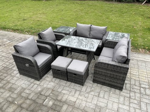 Fimous 8 Seater Wicker PE Rattan Garden Dining Set Outdoor Furniture Sofa with Rectangular Dining Table 2 Side Tables 2 Small Footstools Dark Grey Mixed