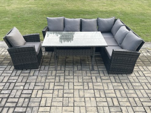 Fimous 7 Seater Garden Rattan Furniture Corner Sofa Dining Table Chair Set with Temper Glass and Cushions Indoor Outdoor Lounge Sofa Set