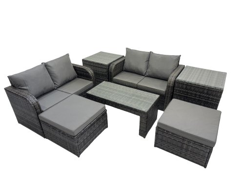 Fimous 3 Seater Sofa Reclining Chair Coffee Table Set Rattan Garden Outdoor Furniture Set with 2 Side Tables 2 Big Stools Dark Grey Mixed
