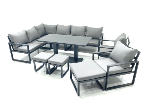 Fimous Aluminum Outdoor Garden Furniture Set Corner Sofa 2 Chair 3 Footstools Adjustable Rising Lifting Dining Table Sets Dark Grey
